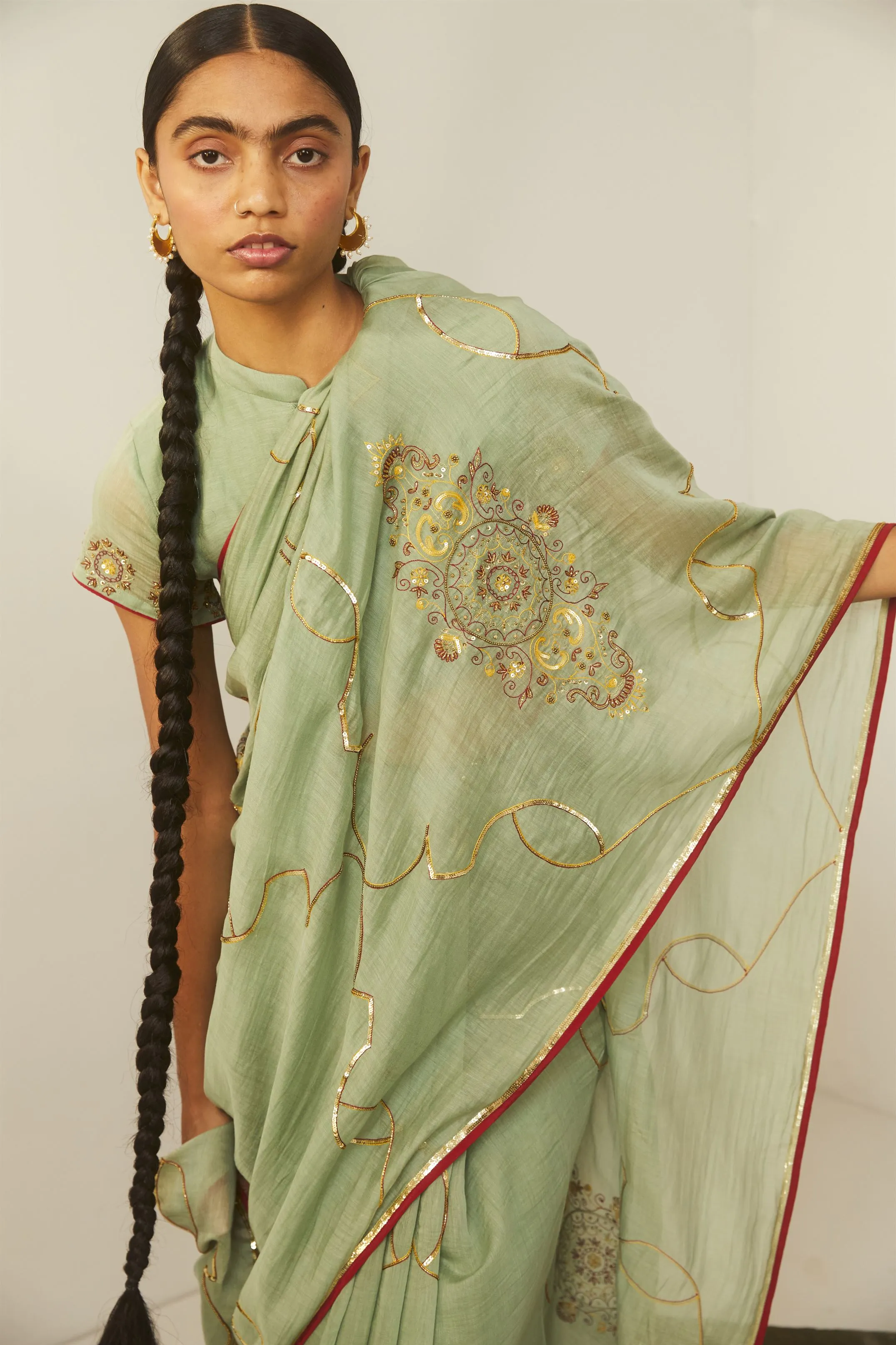 Sarang Kaur Hoggs Sea Green Meenakshi saree Chanderi silk Blouse piece Chanderi silk Bareeki SK01207
