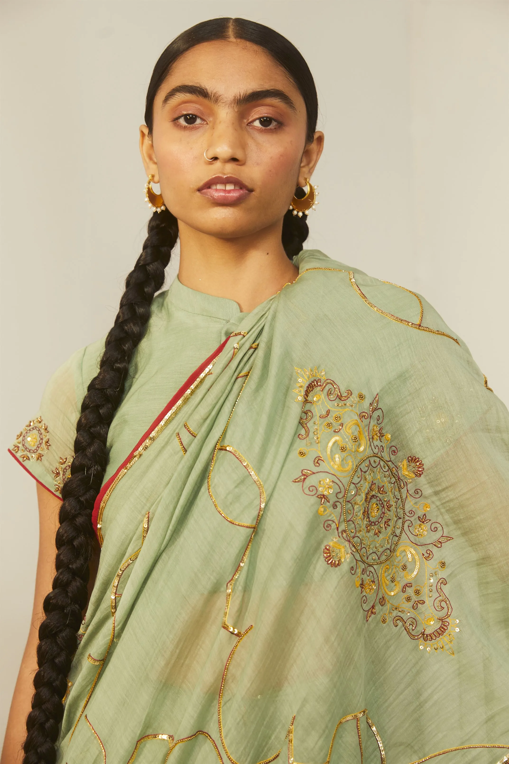 Sarang Kaur Hoggs Sea Green Meenakshi saree Chanderi silk Blouse piece Chanderi silk Bareeki SK01207