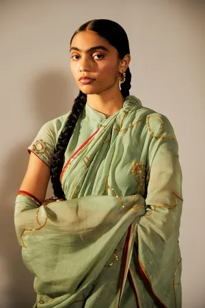 Sarang Kaur Hoggs Sea Green Meenakshi saree Chanderi silk Blouse piece Chanderi silk Bareeki SK01207