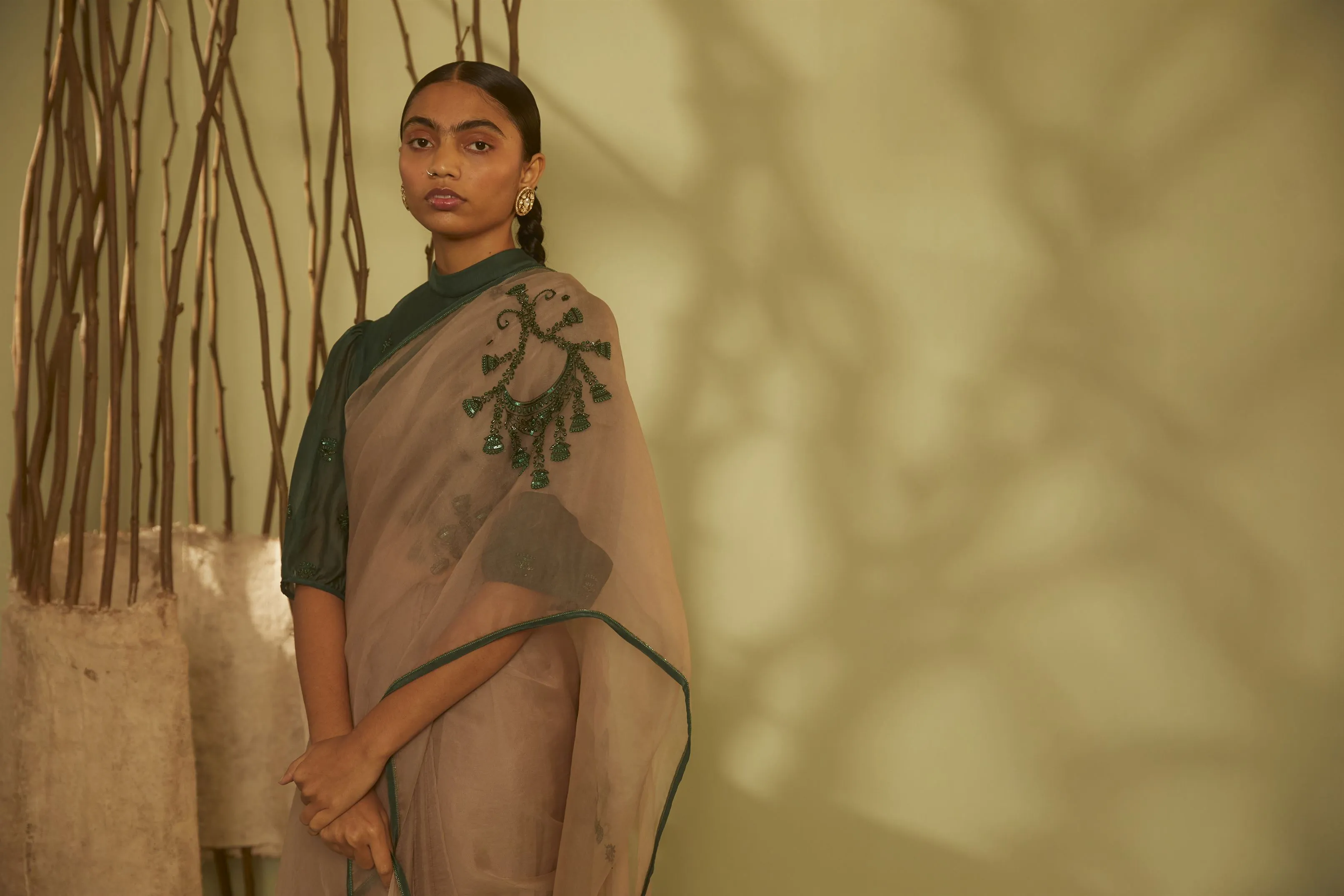 Sarang Kaur Rosedale Grey Jhoomar saree Organza silk Blouse piece Chanderi silk Jhoomar SK01187