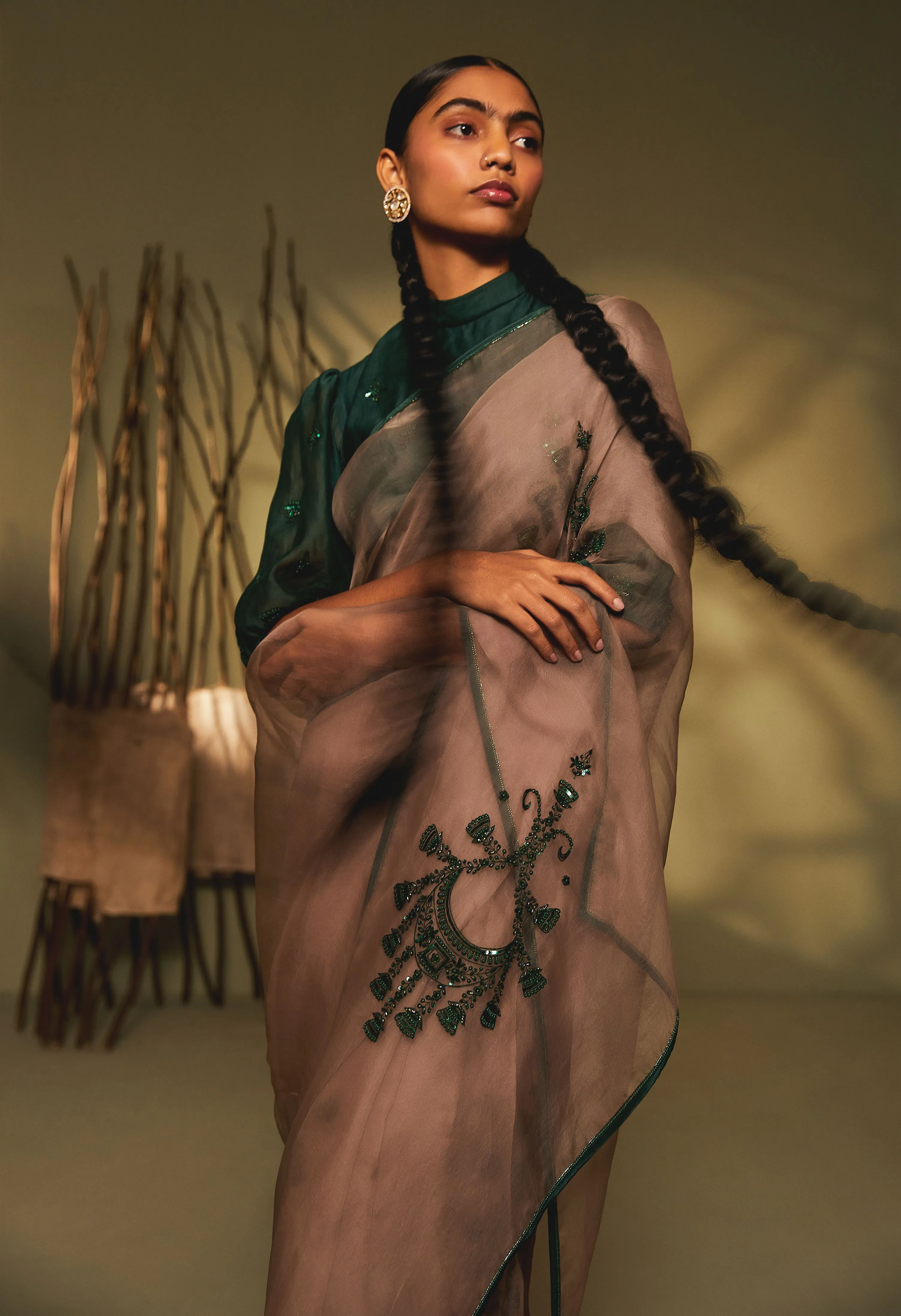 Sarang Kaur Rosedale Grey Jhoomar saree Organza silk Blouse piece Chanderi silk Jhoomar SK01187