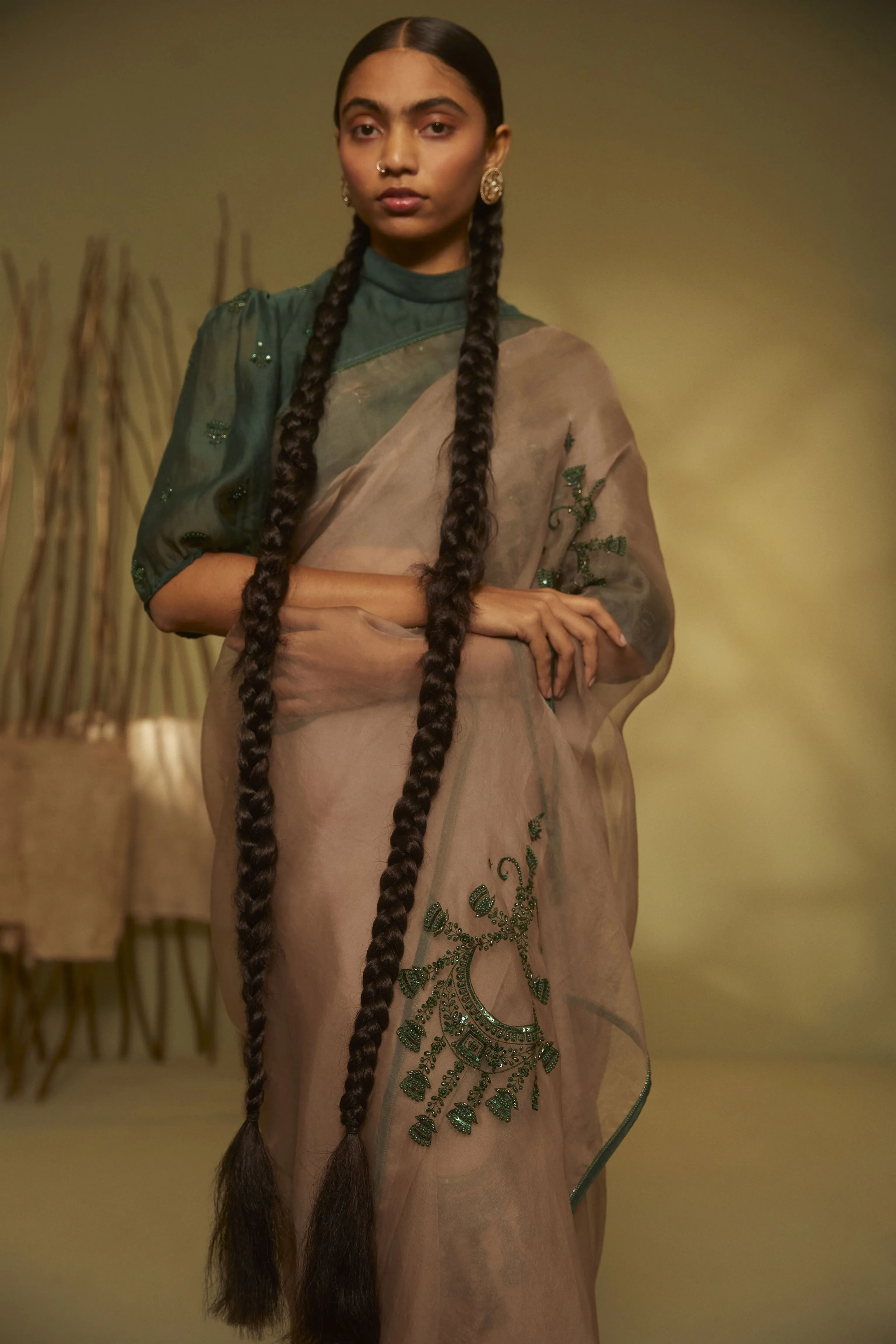 Sarang Kaur Rosedale Grey Jhoomar saree Organza silk Blouse piece Chanderi silk Jhoomar SK01187