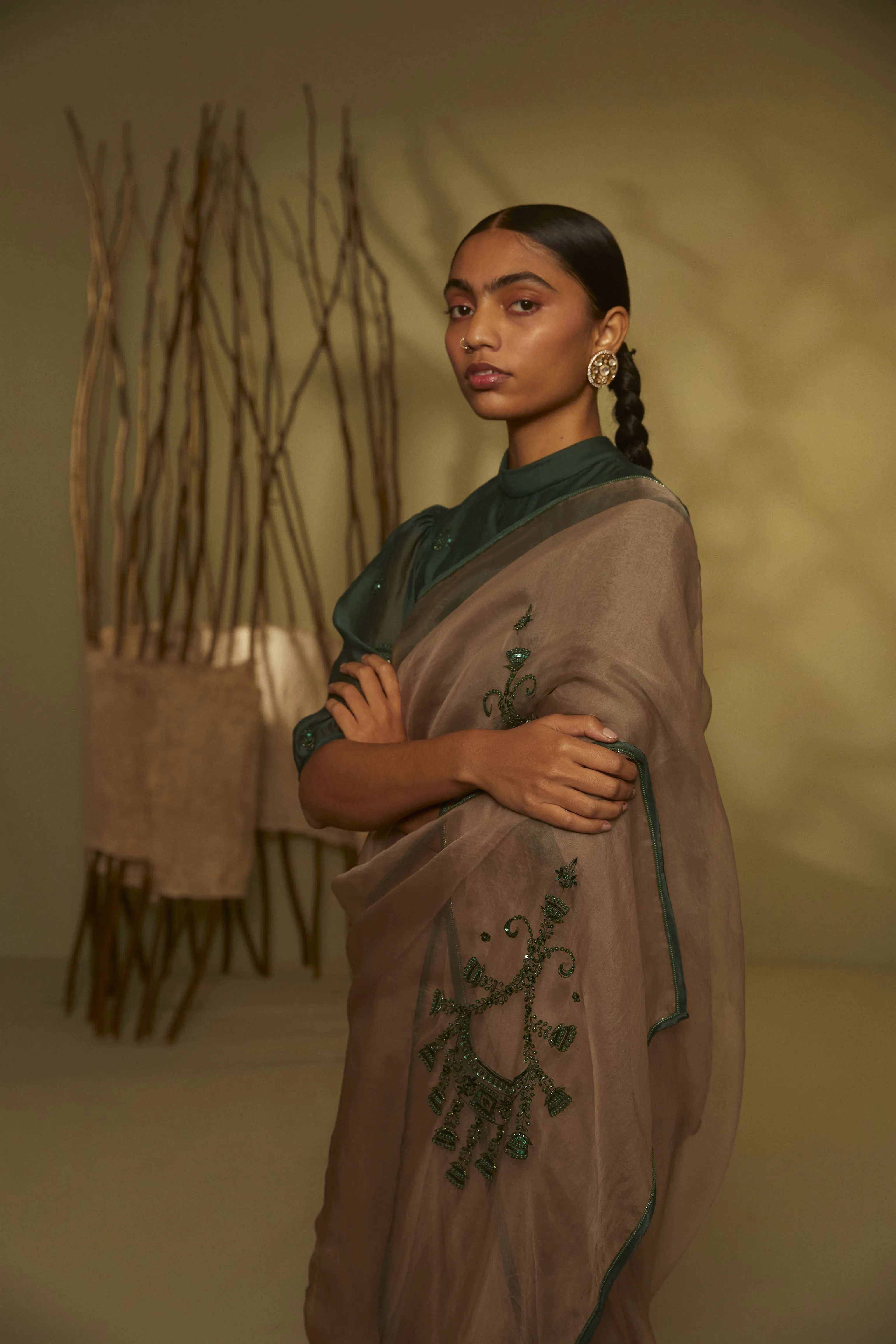 Sarang Kaur Rosedale Grey Jhoomar saree Organza silk Blouse piece Chanderi silk Jhoomar SK01187