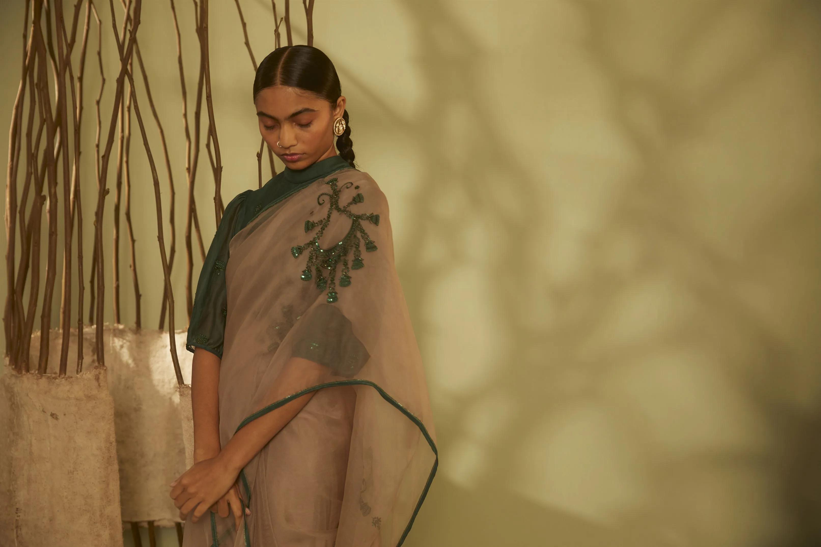 Sarang Kaur Rosedale Grey Jhoomar saree Organza silk Blouse piece Chanderi silk Jhoomar SK01187
