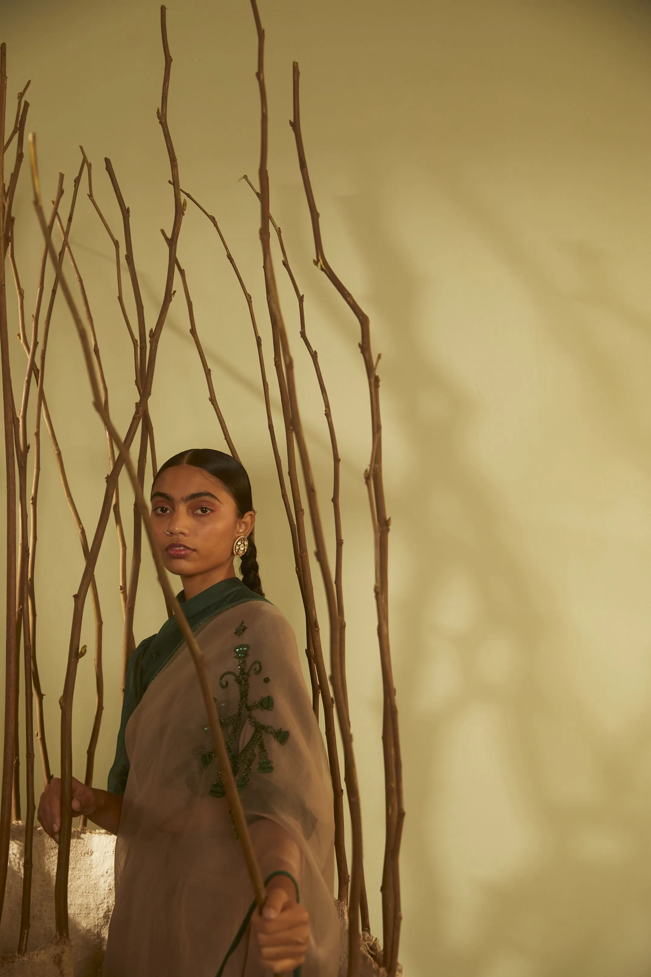 Sarang Kaur Rosedale Grey Jhoomar saree Organza silk Blouse piece Chanderi silk Jhoomar SK01187