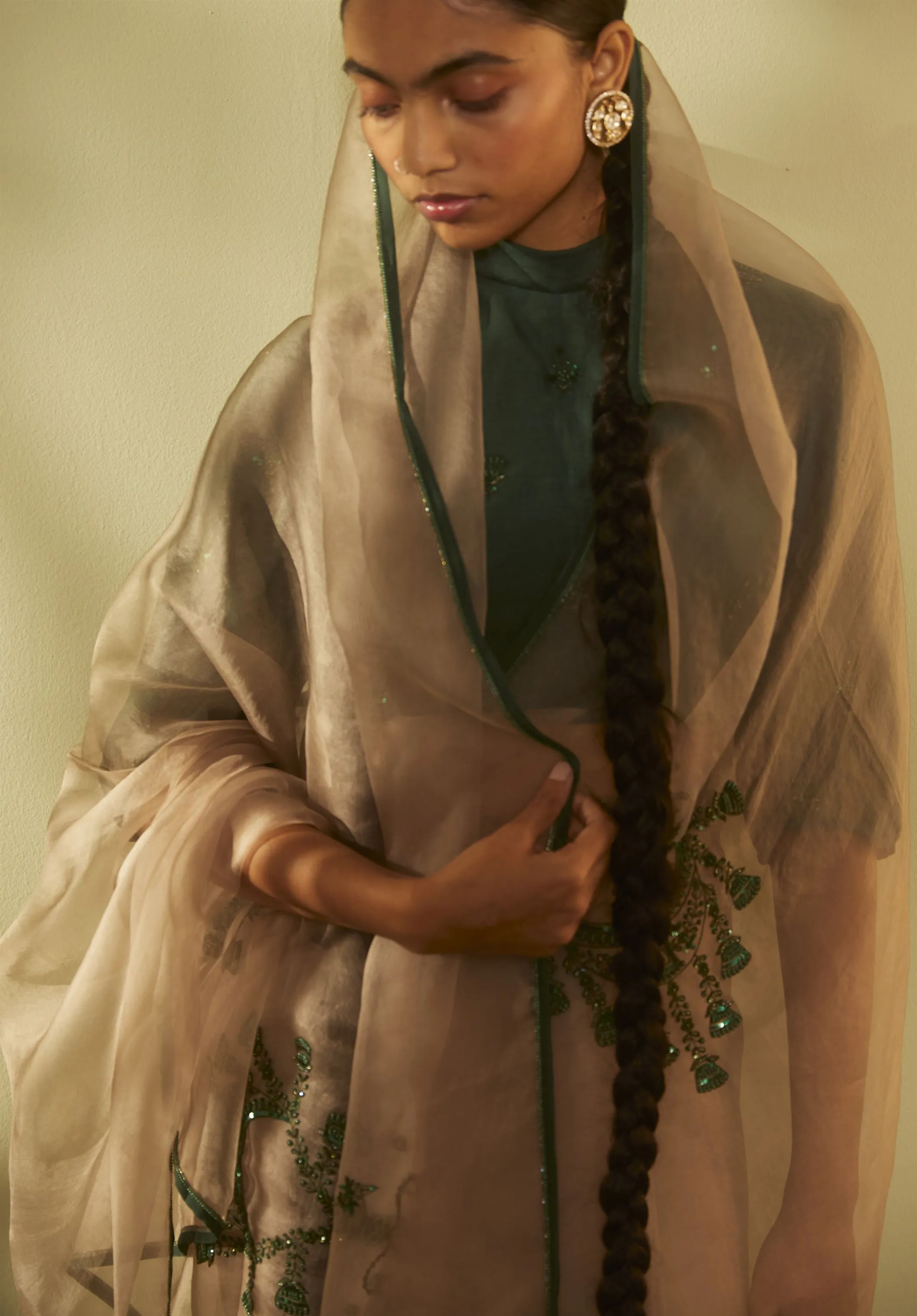 Sarang Kaur Rosedale Grey Jhoomar saree Organza silk Blouse piece Chanderi silk Jhoomar SK01187