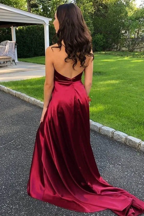 Satin V-neck Red A-Line Spaghetti Straps Sweep Train Prom Dress With Slit,MP591