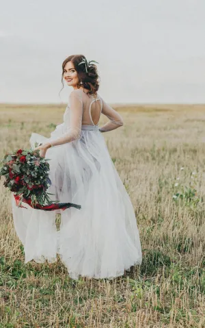 Scoop Long Sleeve Tulle Floor-Length Dress With Keyhole Back-711669