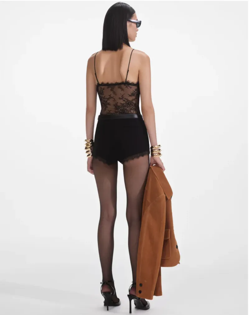 Self-Portrait - Black Dot Mesh Bodysuit in Black