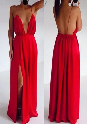 Sexy Sheath Plunging Strap Backless Satin Split Long Red Prom Dress