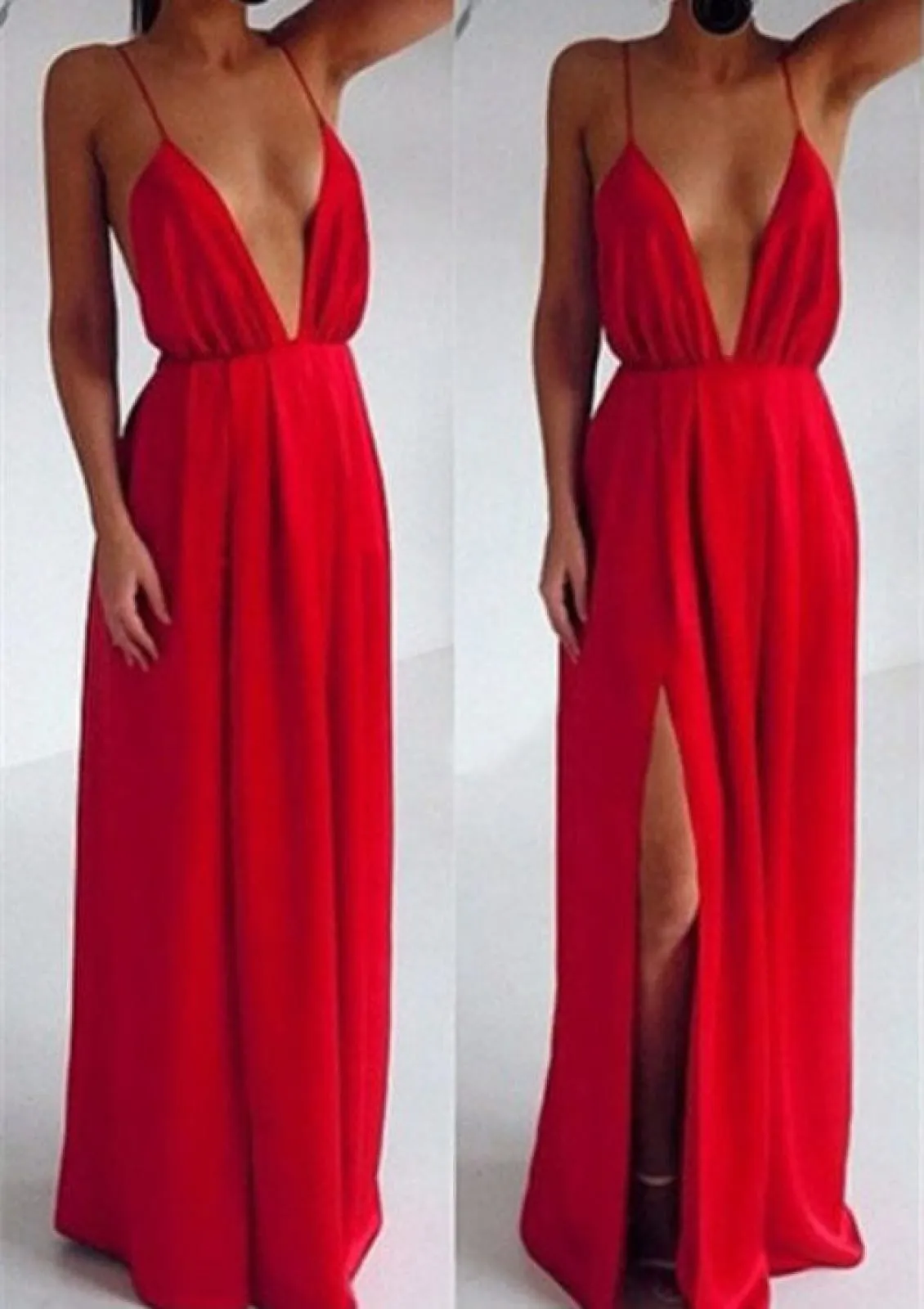 Sexy Sheath Plunging Strap Backless Satin Split Long Red Prom Dress