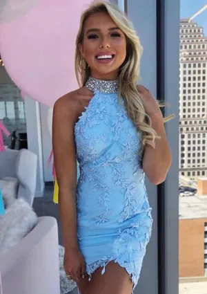 Sheath High-Neck Sleeveless Satin Short Mini Homecoming Dress, Beading Lace