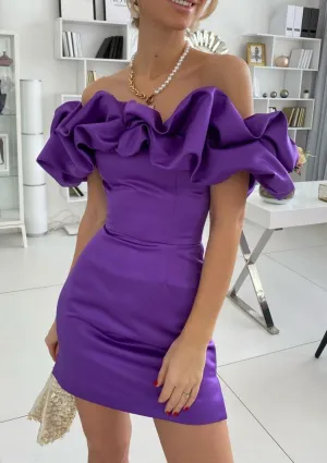 Sheath Off Shoulder Sleeveless Satin Short Mini Homecoming Dress, Ruffles