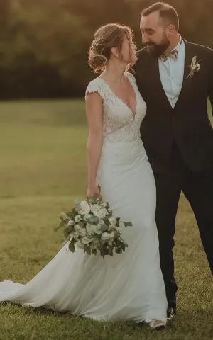 Sheath V-neck Chiffon Modern Wedding Dress With Short Sleeve And Sweep Train