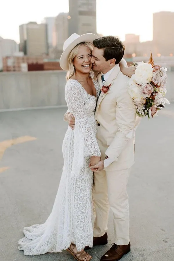 Sheath V-neck Long Sleeves Lace Wedding Dress With Short Train, MW1047