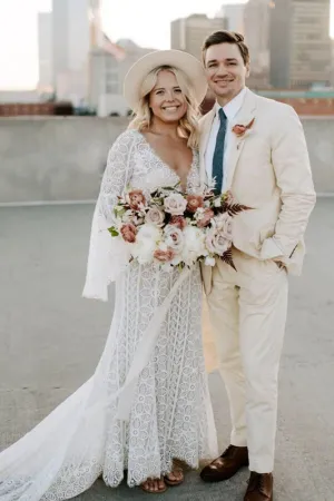 Sheath V-neck Long Sleeves Lace Wedding Dress With Short Train, MW1047