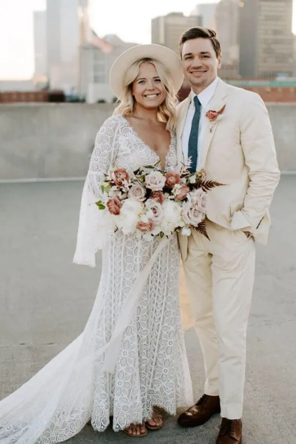 Sheath V-neck Long Sleeves Lace Wedding Dress With Short Train, MW1047