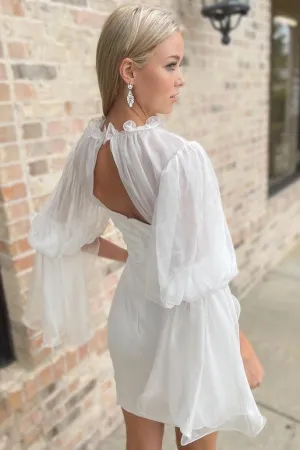 Sheath White Illusion Neck Long Sleeve Short Wedding Dress