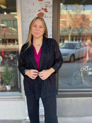 Sheer Fringe Pattern 3/4 Slv Collared Button Front Blazer Jacket