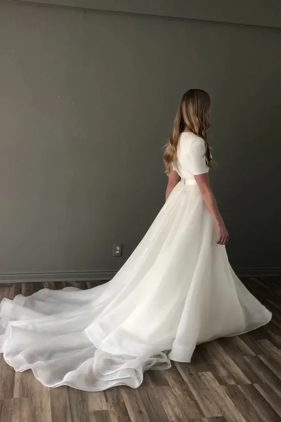 Short Sleeve Modest Wedding Gown with Long Train