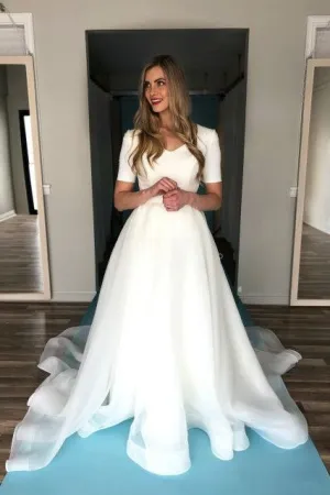 Short Sleeve Modest Wedding Gown with Long Train