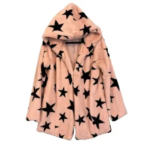 Signature Studio Jacket Womens L Teddy Fur Fluffy Black Stars Hooded Blazer Pink