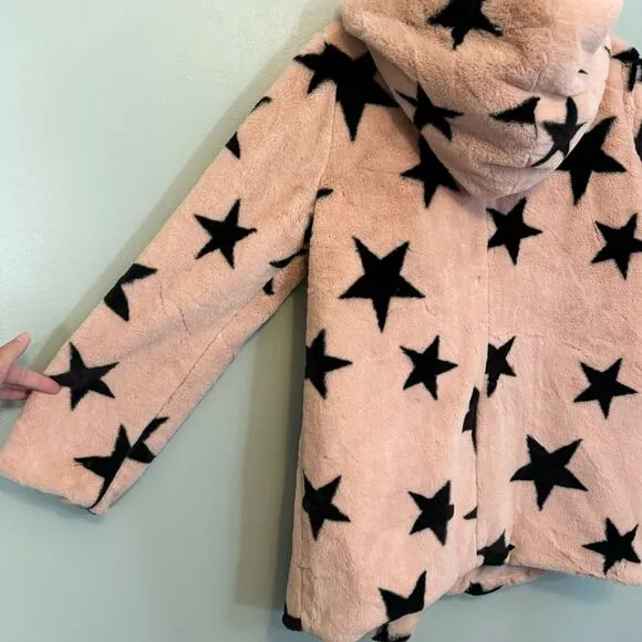 Signature Studio Jacket Womens L Teddy Fur Fluffy Black Stars Hooded Blazer Pink