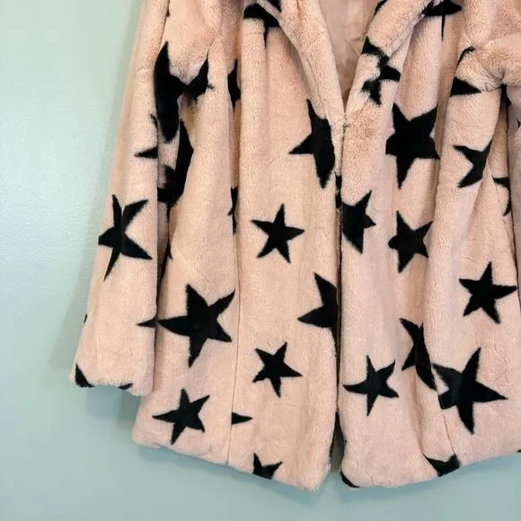 Signature Studio Jacket Womens L Teddy Fur Fluffy Black Stars Hooded Blazer Pink