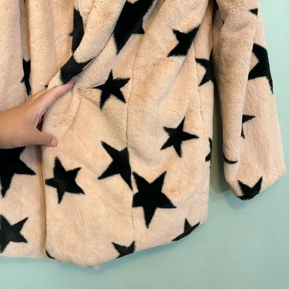 Signature Studio Jacket Womens L Teddy Fur Fluffy Black Stars Hooded Blazer Pink