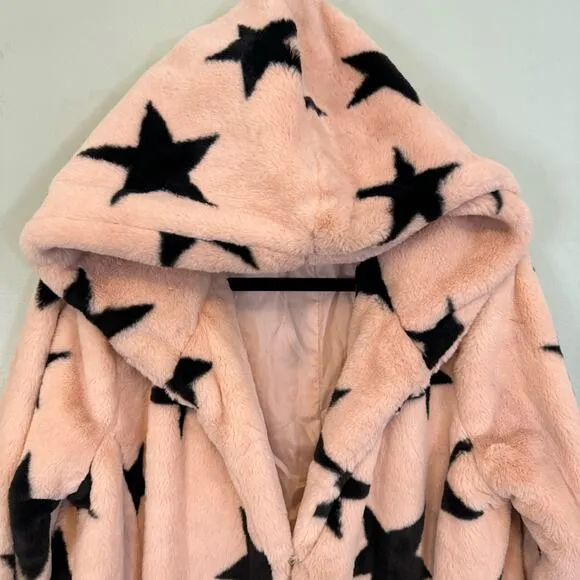 Signature Studio Jacket Womens L Teddy Fur Fluffy Black Stars Hooded Blazer Pink