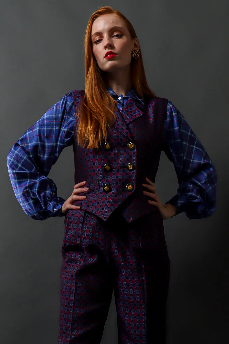 Silk Plaid Print Blouse