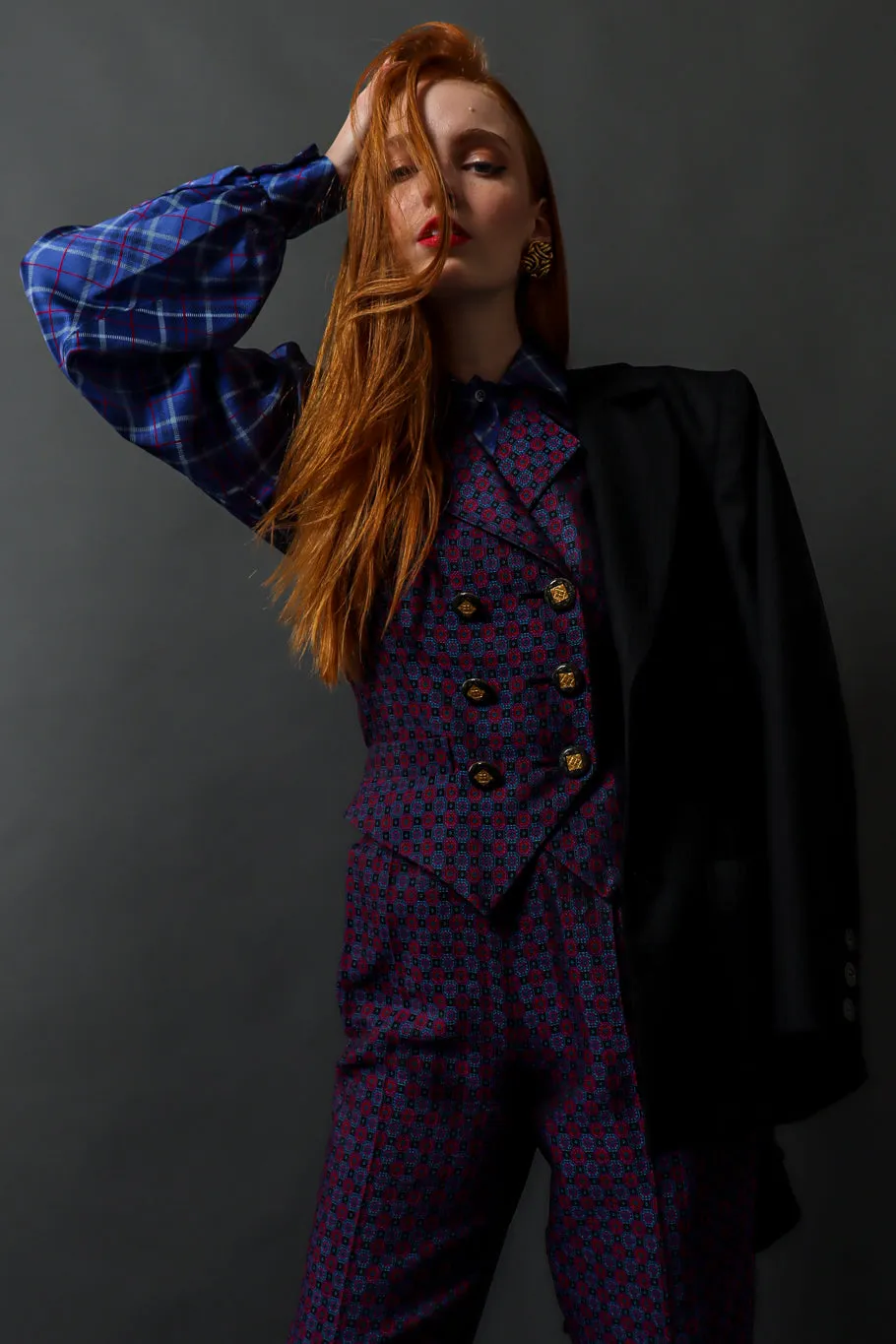 Silk Plaid Print Blouse