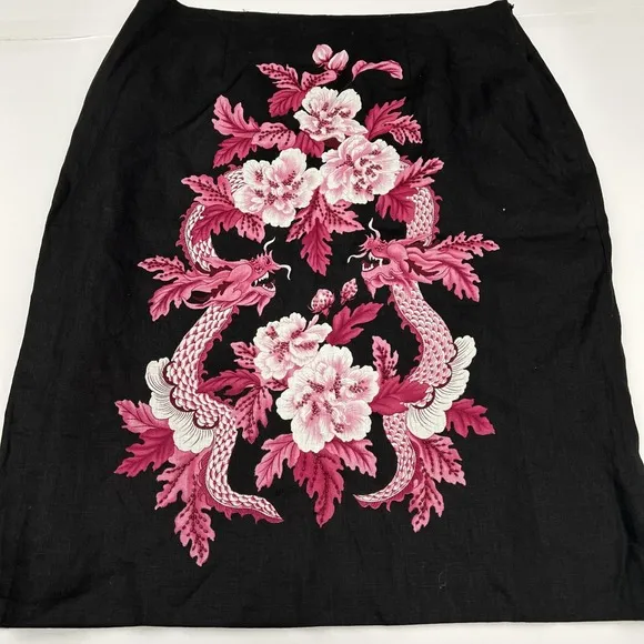 SILKLAND ASIAN INSPIRED Linen Black Pink Floral Dragon Pencil Skirt Beaded SZ 16
