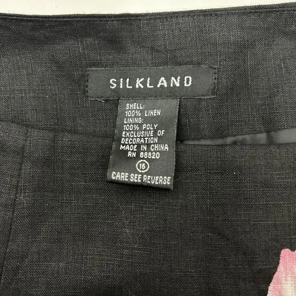 SILKLAND ASIAN INSPIRED Linen Black Pink Floral Dragon Pencil Skirt Beaded SZ 16