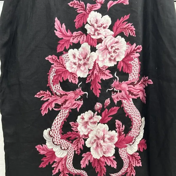 SILKLAND ASIAN INSPIRED Linen Black Pink Floral Dragon Pencil Skirt Beaded SZ 16