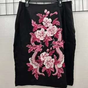 SILKLAND ASIAN INSPIRED Linen Black Pink Floral Dragon Pencil Skirt Beaded SZ 16