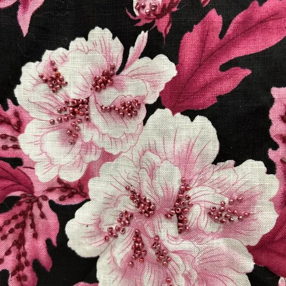 SILKLAND ASIAN INSPIRED Linen Black Pink Floral Dragon Pencil Skirt Beaded SZ 16