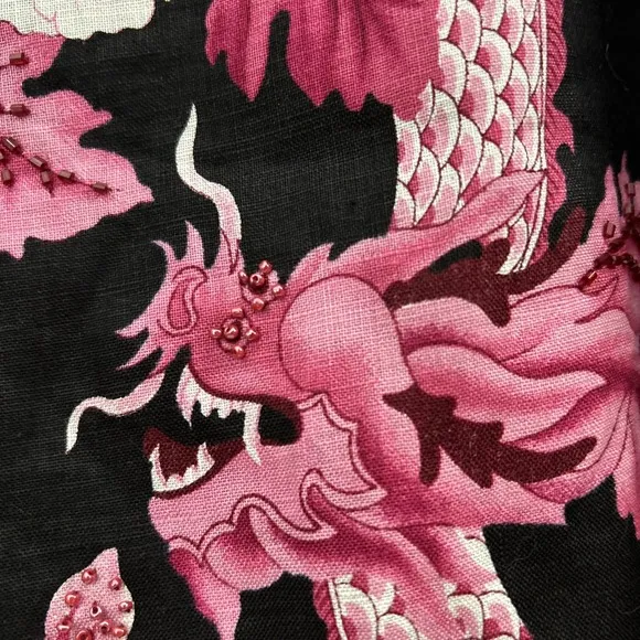 SILKLAND ASIAN INSPIRED Linen Black Pink Floral Dragon Pencil Skirt Beaded SZ 16