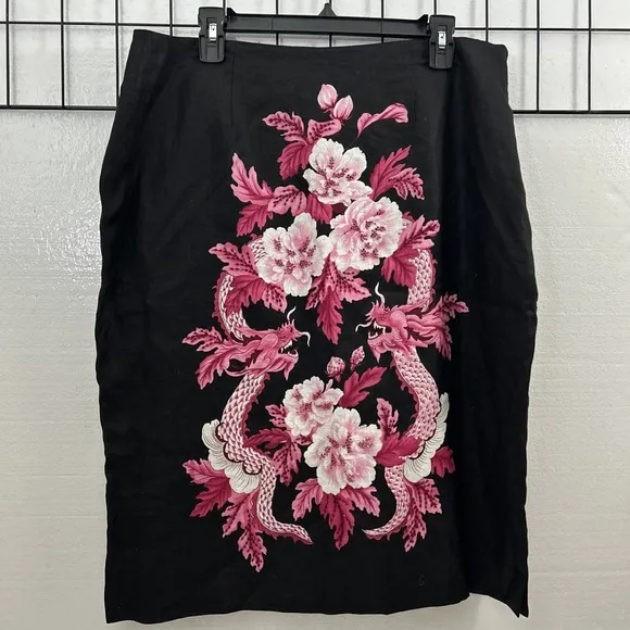 SILKLAND ASIAN INSPIRED Linen Black Pink Floral Dragon Pencil Skirt Beaded SZ 16