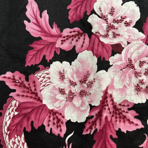 SILKLAND ASIAN INSPIRED Linen Black Pink Floral Dragon Pencil Skirt Beaded SZ 16