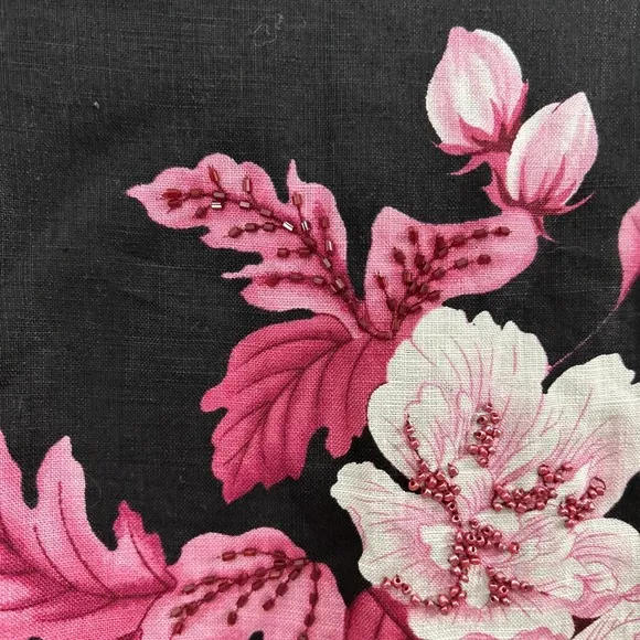 SILKLAND ASIAN INSPIRED Linen Black Pink Floral Dragon Pencil Skirt Beaded SZ 16