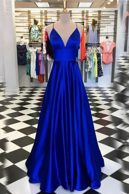 Simple A Line V-neck Sleeveless Royal Blue Backless Long Satin Prom Evening Dress OHC576