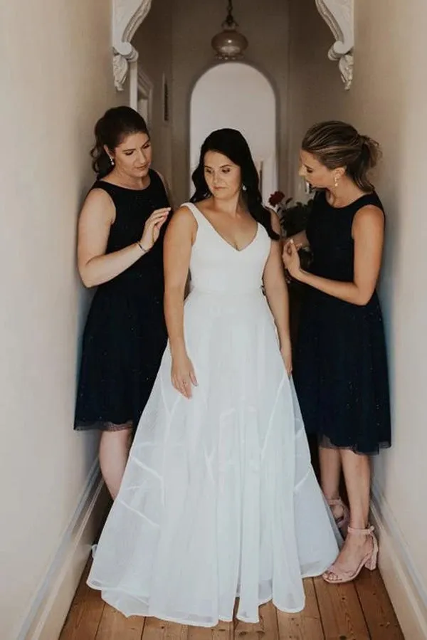 Simple Chiffon A-line V-neck Sweep Train Sleeveless Wedding Dress,MW446