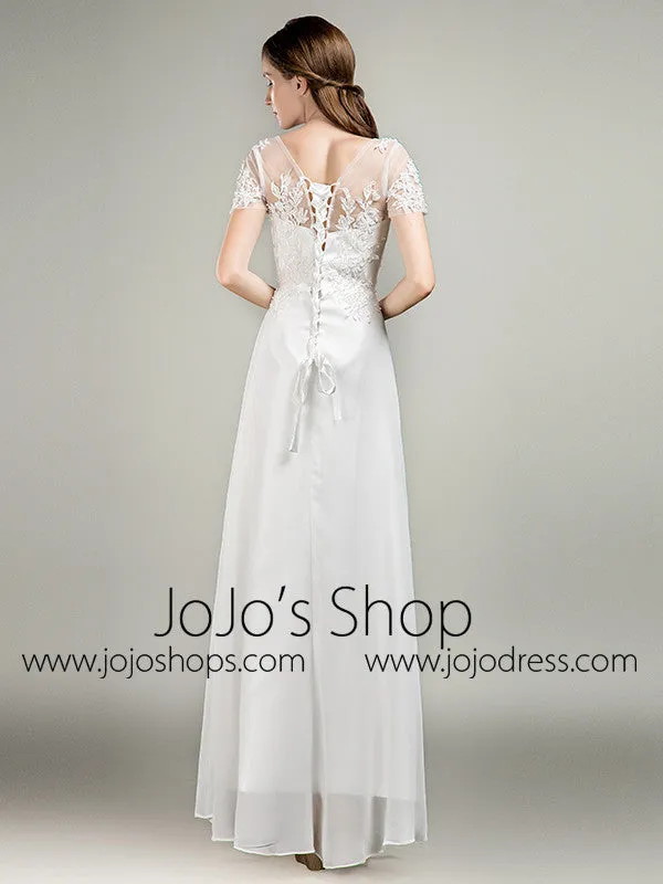 Simple Short Sleeves Lace Chiffon Wedding Dress