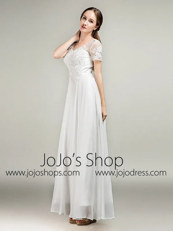 Simple Short Sleeves Lace Chiffon Wedding Dress