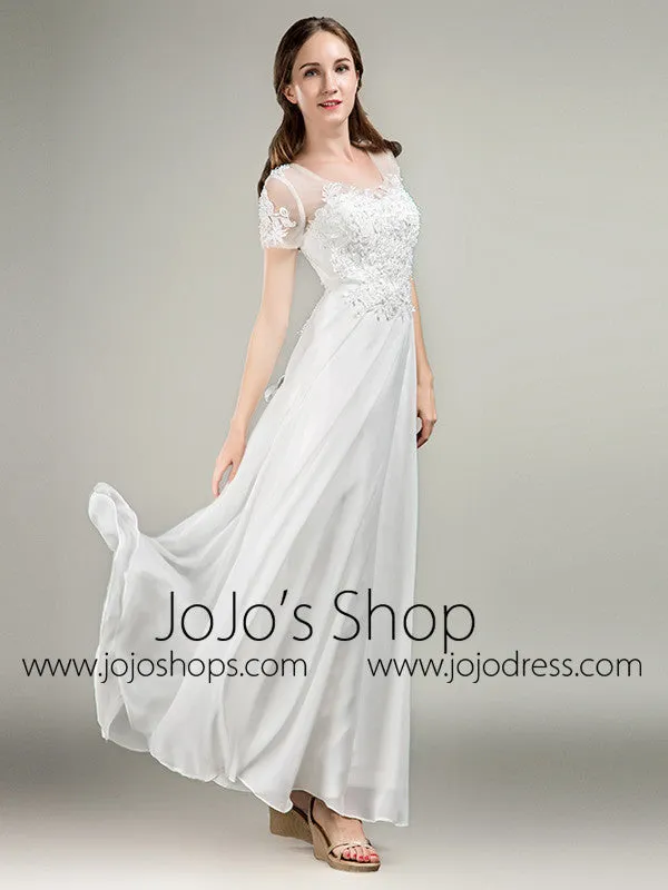 Simple Short Sleeves Lace Chiffon Wedding Dress
