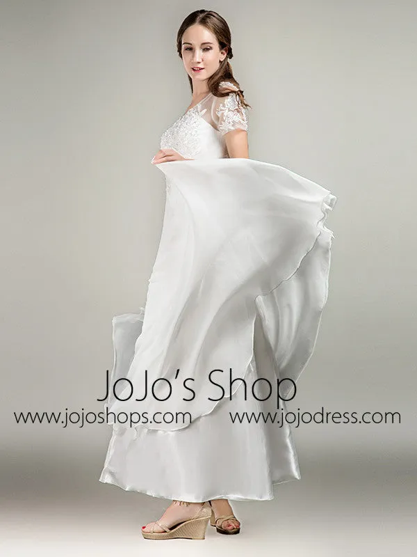 Simple Short Sleeves Lace Chiffon Wedding Dress