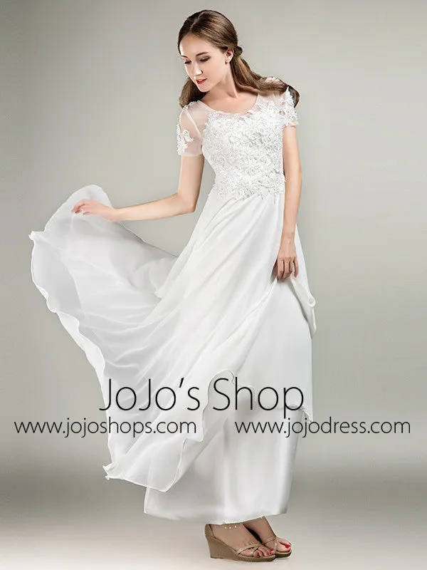 Simple Short Sleeves Lace Chiffon Wedding Dress