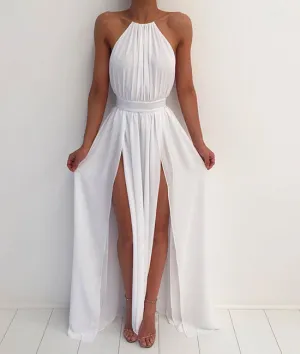 Simple white A-line backless long prom dress, evening dress