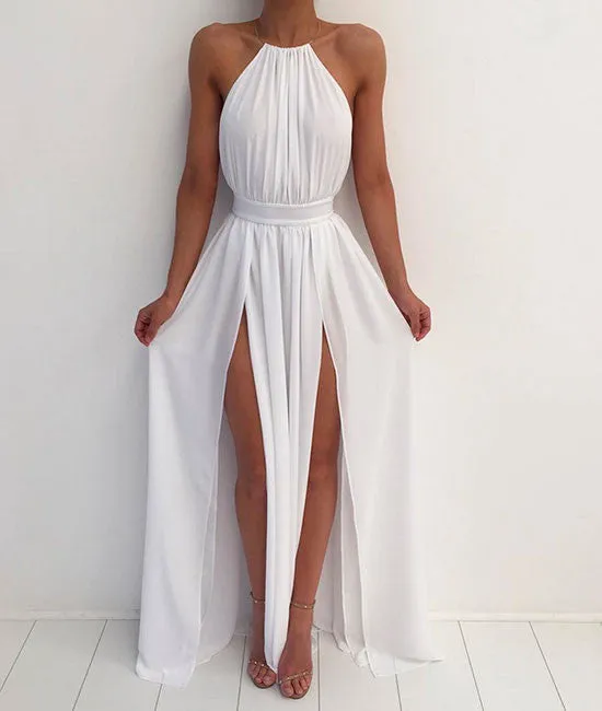 Simple white A-line backless long prom dress, evening dress